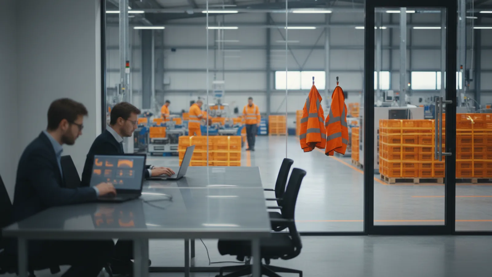Two Verona AI consultants working at laptops in a factory meeting room overlooking the production floor