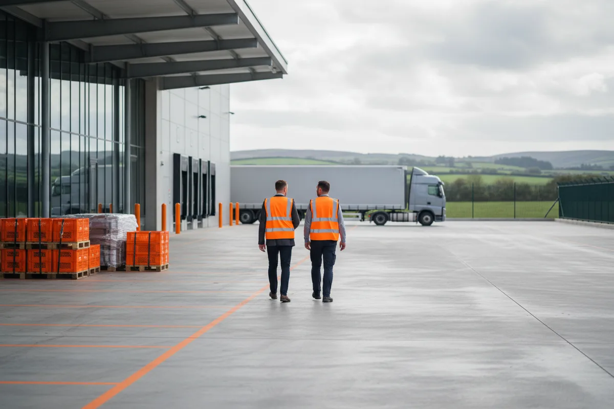 A consultant and a distribution manager walking across a loading yard beside parked lorries