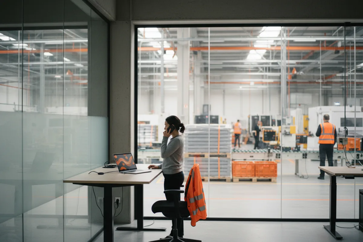 A consultant on a call at a standing desk in a factory office, the production floor visible through the glass