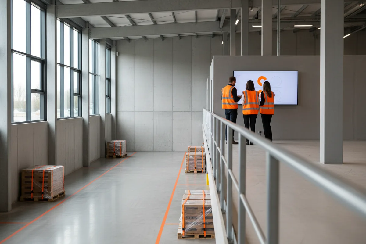 A consultant and two managers reviewing a live dashboard on a wall screen above a warehouse floor