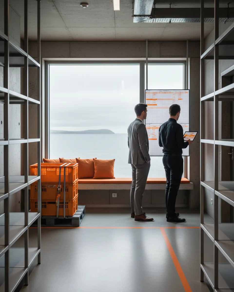 A hotel manager and a consultant reviewing a rota in a coastal hotel back office