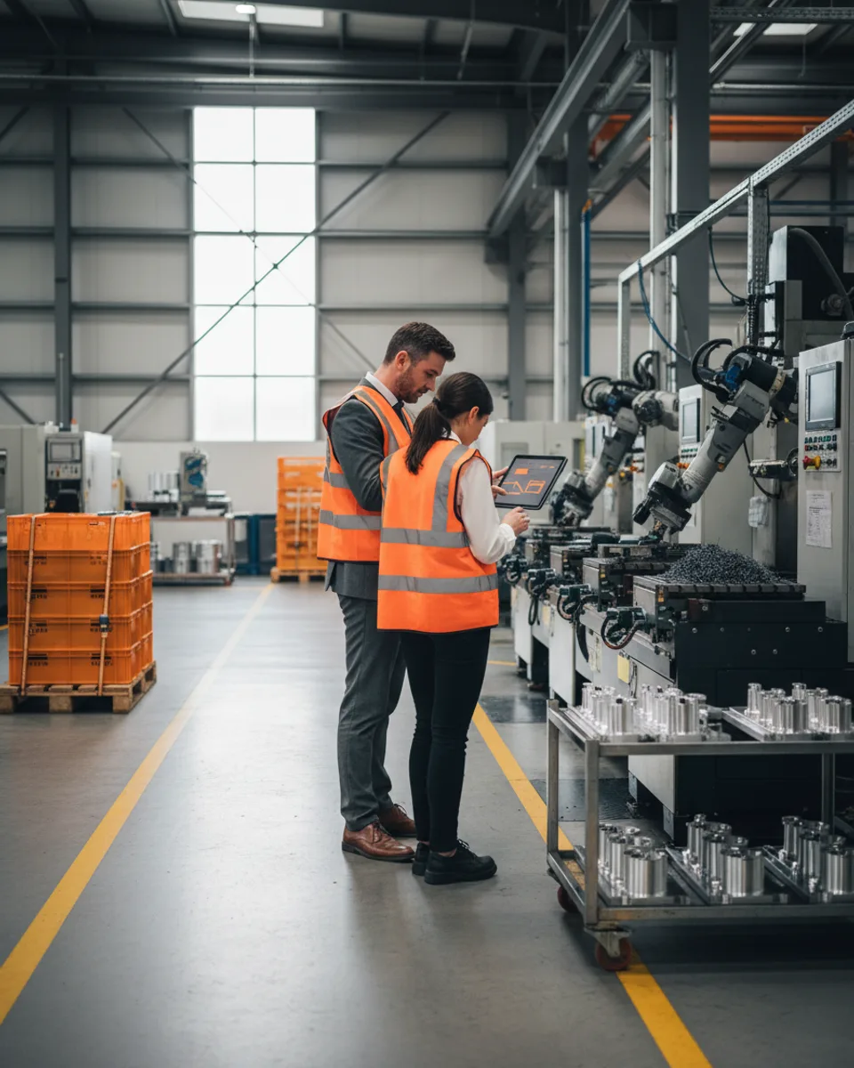 A consultant and a production engineer studying a tablet beside a running CNC line