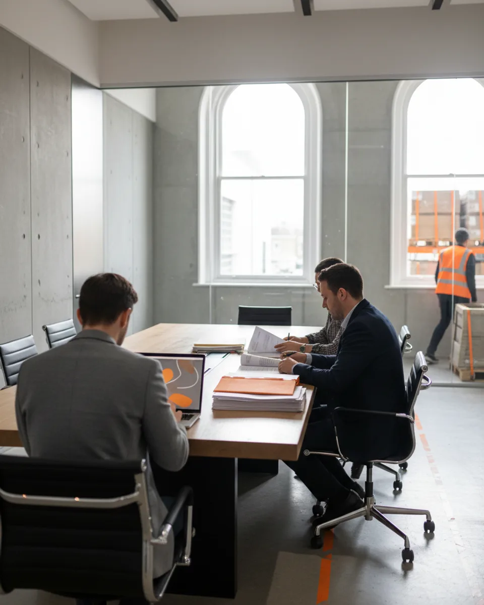 A consultant and two partners reviewing documents in a solicitors' meeting room