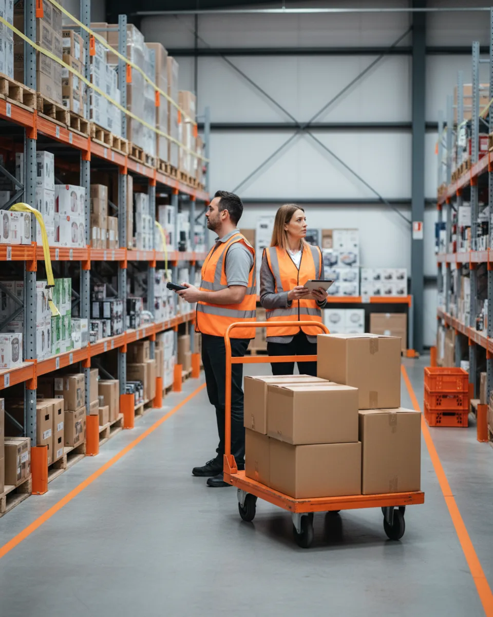 A store manager with a scanner and a consultant with a tablet in a retail stockroom