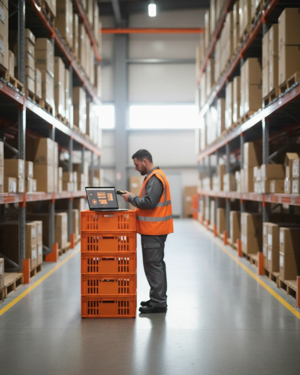 A warehouse operative scanning stock while a consultant works from a laptop in a distribution centre aisle