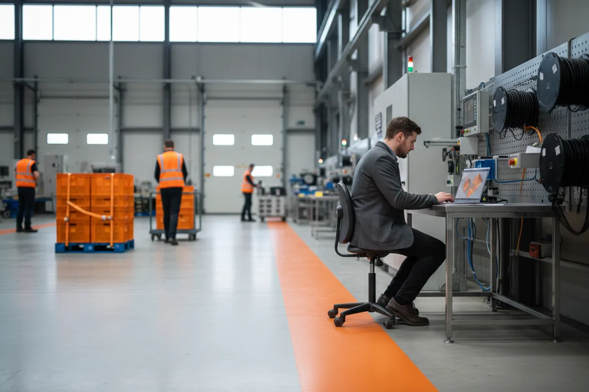 A consultant working at a laptop on a steel workbench inside a manufacturing plant