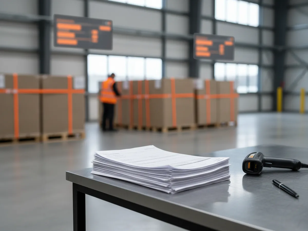 Delivery dockets and supplier invoices stacked on a goods-in desk in a distribution warehouse